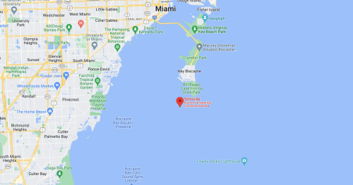 Map of Miami, Florida, highlighting locations including Stiltsville and nearby parks along the coastline.