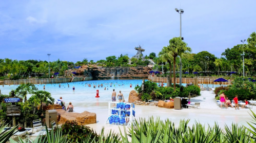 A sunny water park scene with a large pool, palm trees, and people enjoying the water and surroundings.