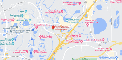 Map showing Disney's Typhoon Lagoon Water Park and nearby resorts in Orlando, Florida.