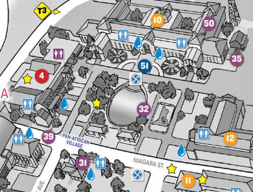 Map showing various locations, including restrooms, attractions, and landmarks, with numbered markers and a park area.
