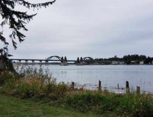 A bridge spans a calm river, surrounded by trees and grassy banks under a cloudy sky.
