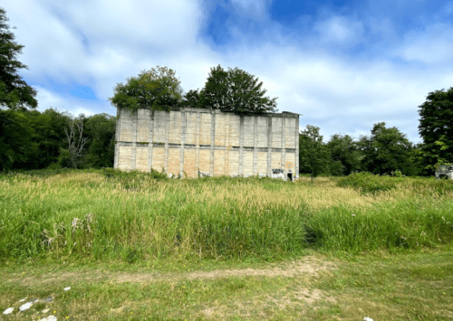 A tall, weathered concrete wall stands amidst tall grass and trees under a partly cloudy sky.