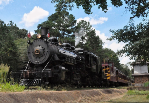 A vintage steam locomotive with smoke billowing, surrounded by trees and a blue sky, approaching a station.