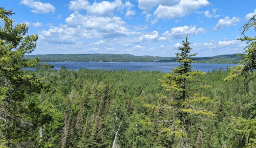 A scenic view of a lake surrounded by lush green forests under a partly cloudy sky.