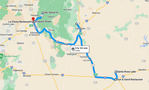 Map showing driving directions from La Choza Restaurant to Santa Rosa Lake, with a travel time of 3 hours and 53 minutes.