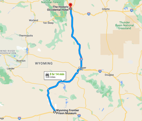 Map showing a route from Wyoming Frontier Prison Museum to The Historic Occidental Hotel, 228 miles, 3 hours 14 minutes.