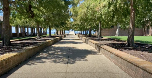 A tree-lined pathway leads to a distant view, with buildings on either side and a clear blue sky above.