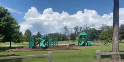 A playground with green slides and structures, surrounded by trees and a blue sky with fluffy clouds.