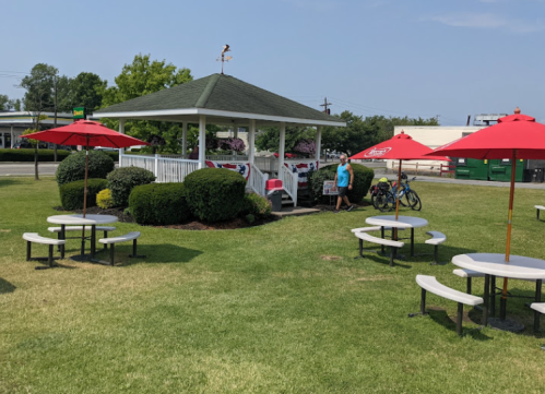 A grassy area with picnic tables and red umbrellas, featuring a gazebo and a person with a bicycle nearby.