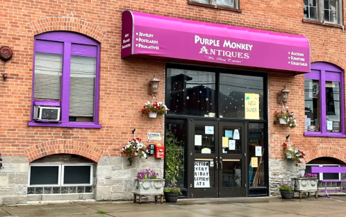 Exterior of Purple Monkey Antiques shop with a purple awning, brick wall, and flower pots. Signage visible.