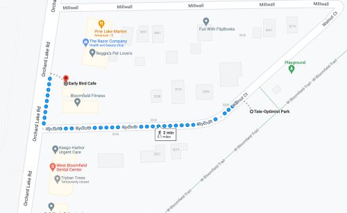 Map showing the route from Early Bird Cafe to Tate-Optimist Park, with nearby landmarks and streets labeled.