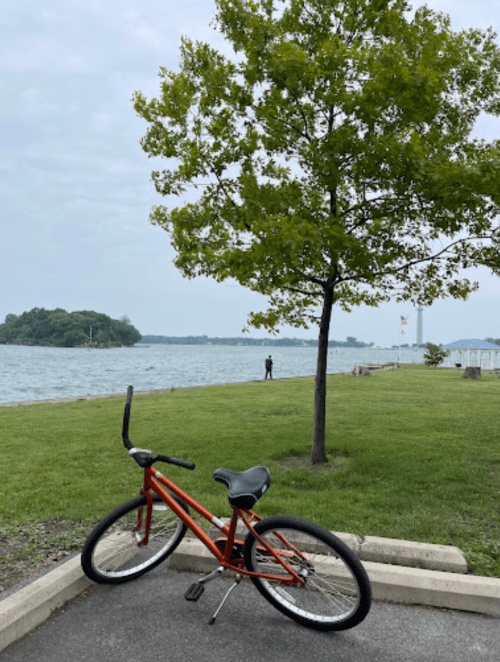 A red bicycle rests on a path by a river, with a tree nearby and a person standing in the distance.