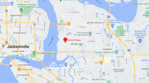 Map of Jacksonville, Florida, highlighting the location of Donut Shoppe in Arlington.