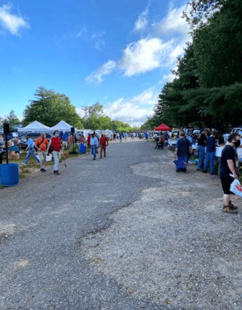 A bustling outdoor market with vendors and shoppers along a gravel path, surrounded by trees and blue skies.