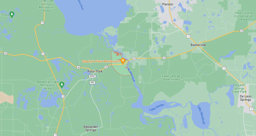 Map showing the area around Astor Park, Florida, with nearby parks and highways marked.