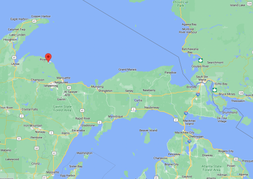 Map showing the Upper Peninsula of Michigan, highlighting areas around Lake Superior, including Powell and nearby towns.