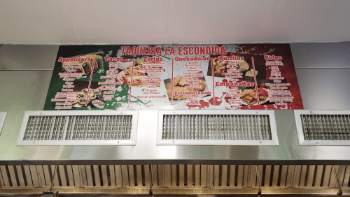 Menu board for Taqueria La Escondida featuring appetizers, tacos, tortas, quesadillas, burritos, and sides.
