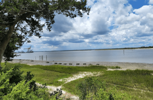 A serene river scene with green grass, cloudy skies, and an oil rig in the distance.