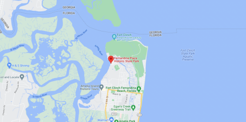 Map showing Fernandina Plaza Historic State Park in Florida, near the coastline and surrounding waterways.