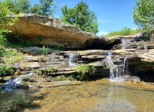 A serene landscape featuring a rocky waterfall cascading into a clear pool, surrounded by lush greenery and blue skies.