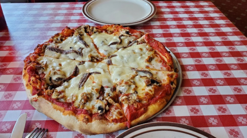 A freshly baked pizza with melted cheese, sausage, and mushrooms on a red and white checkered tablecloth.