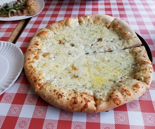 A round cheese pizza with a golden crust, sliced into six pieces, on a red and white checkered tablecloth.