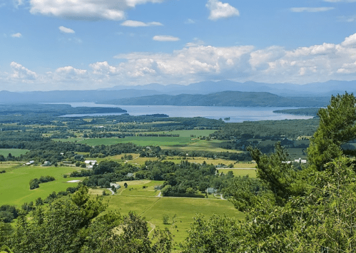 A scenic view of a lush green landscape with a lake and mountains under a blue sky with fluffy clouds.