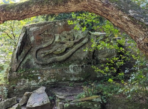 A moss-covered stone carving of a serpent, partially obscured by trees and foliage in a natural setting.