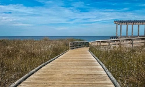 A wooden boardwalk leads through tall grass to the ocean under a blue sky with scattered clouds.