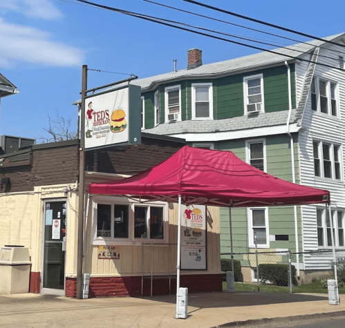 A small burger restaurant with a red canopy, featuring a sign that reads "Ted's Burgers," next to a residential building.