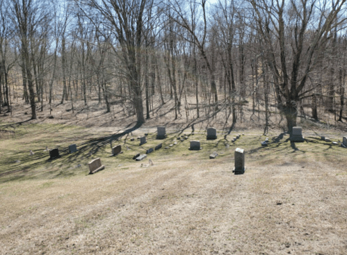 A serene cemetery with various gravestones on a grassy hillside, surrounded by bare trees in early spring.