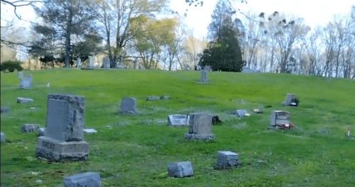 A peaceful cemetery with scattered gravestones on a grassy hill, surrounded by trees and a clear sky.