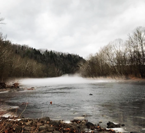 A misty river scene surrounded by trees and hills under a cloudy sky.