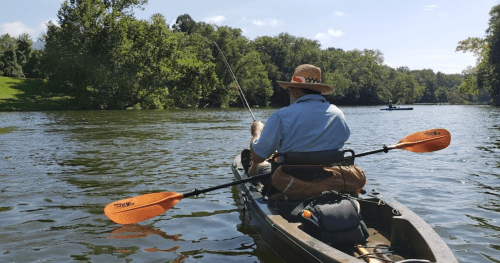 A person in a kayak with orange paddles, fishing on a calm river surrounded by lush greenery.