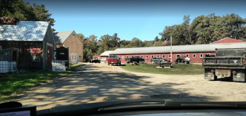 A dirt road leads through a farm with red barns, parked trucks, and an American flag in the background.