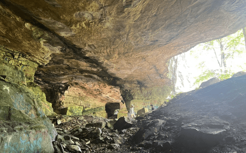 A rocky cave with colorful graffiti on the walls, surrounded by greenery and sunlight filtering through.