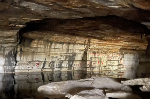A cave interior with rock formations and water, featuring ancient carvings on the walls reflecting in the water.