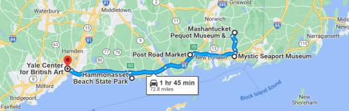 Map showing a route from Yale Center for British Art to Mystic Seaport Museum, highlighting key stops along the way.