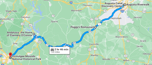 Map showing a route from Ocmulgee Mounds National Historical Park to Augusta Canal Discovery Center, 132 miles, 2 hr 46 min.