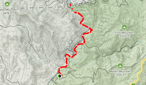 Map showing a hiking trail in the Ellicott Rock Wilderness, marked in red, with elevation points and surrounding mountains.