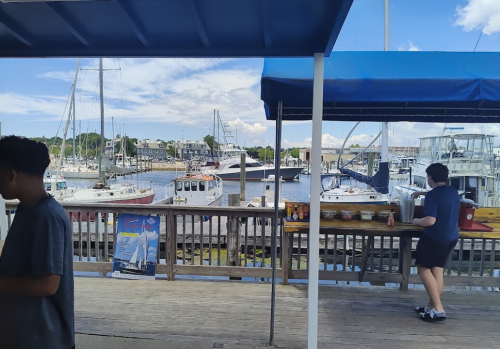 View of a marina with boats docked, featuring a wooden deck and two people near a food stand under a blue canopy.
