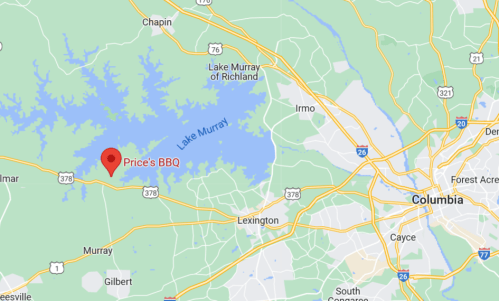 Map showing Lake Murray near Columbia, South Carolina, with Price's BBQ marked to the west of the lake.