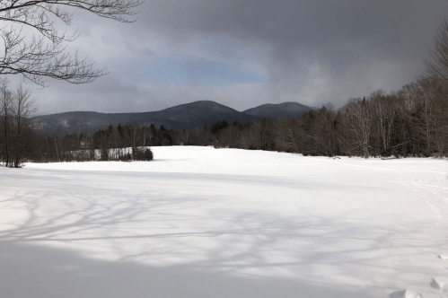 A snowy landscape with mountains in the background and bare trees, under a partly cloudy sky.