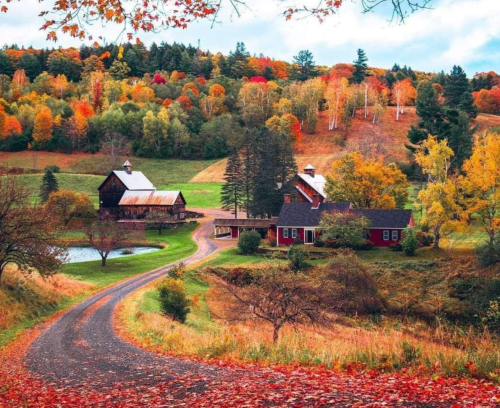 A scenic autumn landscape featuring colorful trees, a winding road, and charming farmhouses by a pond.