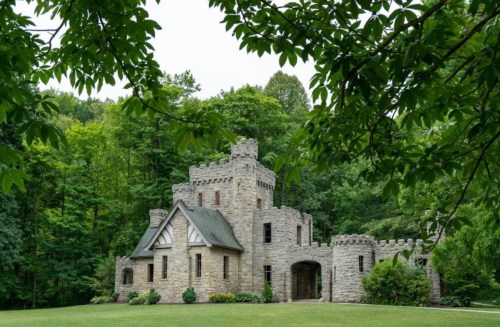 A stone castle surrounded by lush green trees and grass, featuring turrets and a charming architectural design.