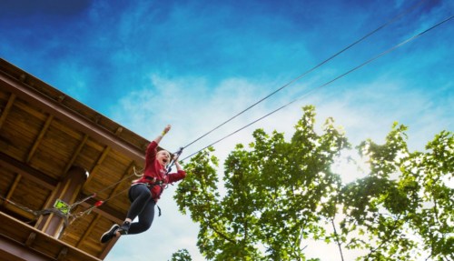 A person in a harness zip-lining through a bright blue sky with trees below and a wooden structure above.
