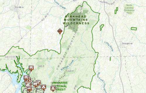 Map of the Birkhead Mountains Wilderness, showing trails, landmarks, and surrounding areas in the Uwharrie National Forest.