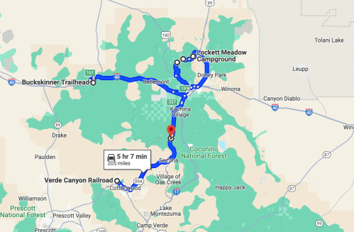 Map showing a route from Buckskinner Trailhead to Lockett Meadow Campground, covering 205 miles in 5 hours and 7 minutes.