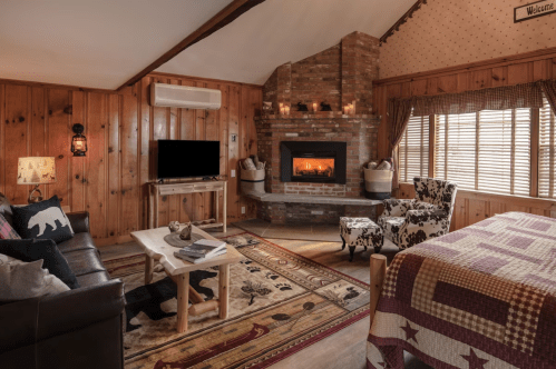 Cozy cabin interior with wooden walls, a fireplace, a TV, and rustic furniture, creating a warm, inviting atmosphere.