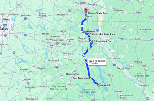 Map showing a route from Atlanta State Park to Hemphill, Texas, highlighting key locations along the way.